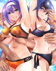 2girls 6+boys alternate_costume alternate_hairstyle armpits arms_up ass_grab bikini black_bikini blue_bikini blue_eyes blue_hair blue_swimsuit breast_grab breasts cleavage clenched_teeth crying crying_with_eyes_open disguise double_breast_grab female_focus fingering fingering_partner fingering_through_clothes fire_emblem fire_emblem:_path_of_radiance fire_emblem:_radiant_dawn fire_emblem_awakening fire_emblem_heroes grabbing grabbing_another's_ass grabbing_from_behind green_eyes groping hairband hand_under_clothes hands_everywhere headband highres holding holding_mask large_breasts long_hair looking_at_viewer lucina_(fire_emblem) lucina_(summer)_(fire_emblem) male_hand marth_(fire_emblem_awakening) mask medium_breasts mia_(fire_emblem) mia_(summer)_(fire_emblem) molestation multiple_boys multiple_girls multiple_rape multiple_rapists navel nintendo nipple_tweak official_alternate_costume official_alternate_hairstyle orange_bikini purple_hair pussy_juice pussy_juice_stain questionable_consent rape removing_mask short_hair small_breasts spoilers swimsuit tears teeth through_clothes tongari underboob vaginal_penetration white_hairband white_headband