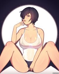 1girls big_breasts black_hair blue_eyes bra breasts chainsaw_man cigarette eye_contact eye_patch female female_only himeno_(chainsaw_man) huge_breasts light_skin looking_at_viewer panties satelyte short_hair smoking solo solo_female spread_legs thick_thighs thighs