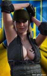 1girls 3d arms_up azov azov_chan breasts cleavage female_only marichka military_uniform nazi soldier swastika tattoo ukraine ukrainian ukrainian_girl ukranian