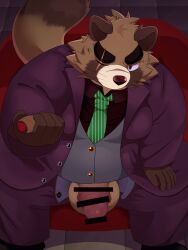 2022 anthro balls belly big_belly brown_body canid canine censored clothing fur genitals hi_res hisashiyo_0705 humanoid_hands kemono male mammal necktie one_eye_closed overweight overweight_male penis raccoon_dog scar sitting smoking solo suit tanuki