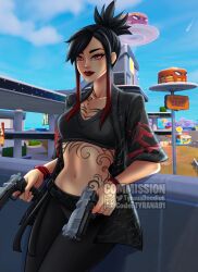 1girls 2d clothing digital_media_(artwork) female female_focus female_only fortnite guns long_hair looking_at_viewer pose posing red_eyes sfm sierra_(fortnite) solo standing tagme tattoo tattoos two_tone_hair tyrana watermark weapon