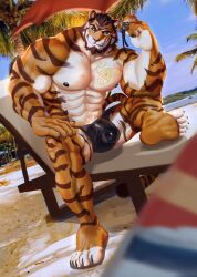 1boy 2022 abs absurd_res anthro barazoku barefoot beach beach_chair beard biceps big_bulge big_muscles bulge chair claws clothed clothing day detailed_background detailed_bulge dutch_angle eyebrows eyewear facial_hair feet felid fur furniture genital_outline hair hi_res holding_eyewear holding_object holding_sunglasses huge_bulge huge_muscles male male_focus male_only mammal mukum_1am muscular muscular_anthro muscular_male navel nipples obliques outside palm_tree pantherine pecs penis_outline plant sand seaside shadow_lyons sitting sky smile smirk soles solo speedo sunglasses swimwear tattoo teeth tiger topless topless_anthro topless_male tree tuft umbrella water