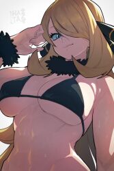 1girls big_breasts bikini black_bikini blonde_hair breasts busty cynthia_(pokemon) female female_only hi_res large_breasts lhata4564 looking_at_viewer navel nintendo pokemon pokemon_dppt solo toned