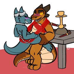 1:1 alpha_channel anthro blush bodily_fluids duo female furniture genital_fluids hookah kobold leaning male male/female sex stand_and_carry_position standing standing_sex table trout_(artist)