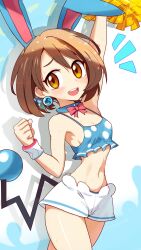 azumarill_(cosplay) blush brown_hair choker cosplay crop_top earrings fake_animal_ears female game_freak gloria_(pokemon) midriff nintendo open_mouth pokemon pokemon_(cosplay) pokemon_ss pom_poms shirosu short_hair shorts solo_female sweat white_shorts yellow_eyes