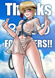 1futa akg_industry_(artist) big_penis blush breasts bulge clothed clothing english_text erection erection_pushing_loincloth erection_pushing_underwear erection_under_clothes follower_celebration fundoshi fundoshi_futanari futa_only futa_sans_balls futanari human light-skinned_futanari light_skin loincloth milestone_celebration mostly_clothed penis solo standing sweat tenting text v very_short_hair yamakasa