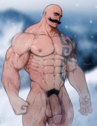 1boy abs arm_tattoo artist_name bald bald_man bara biceps blue_eyes blurry blurry_background braum chest_tattoo clenched_hand facial_hair feet_out_of_frame highres huge_cock hydaria large_pectorals league_of_legends looking_at_viewer male_focus male_only manly mature_male moustache muscular muscular_male navel nipples nude outdoors pectorals penis pubic_hair signature snowing solo tattoo testicles thick_arms thick_eyebrows thick_thighs thighs veins veiny_arms veiny_penis