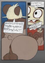 anthro anus ass balls big_balls big_butt blue_background brown_anus brown_body comic dialogue dialogue_box dialogue_outside_panel english_text fan_character flower flower_in_mouth fur furry furry_only generation_6_pokemon genitals giant_panda gradient_background grey_background hi_res hibiscus huge_butt j'hoo male male_only mammal nauiho nintendo outside_panel pancham panel_overlap perineum plant pokemon pokemon_(species) raised_tail rear_view red_background shiny_pokemon simple_background solo speech_bubble tail text ursid video_games