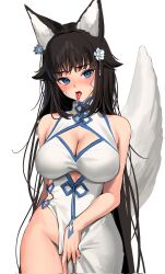 1girls animal_ears big_breasts black_hair blue_eyes blush clothed_female clothing eyebrows_visible_through_hair female_only fox_ears fox_girl fox_tail hair_ornament indie_virtual_youtuber light-skinned_female light_skin looking_at_viewer sakae_izumi saliva saliva_trail simple_background solo tail tokkihouse tongue tongue_out virtual_youtuber white_background