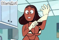 1girls accurate_art_style big_breasts bikini casual cleavage clothing dark-skinned_female dark_skin doctors_office edit female female_only handwear human medical milf priyanka_maheswaran rubber_gloves screenshot_edit solo steca steven_universe swimwear thelazyart underboob