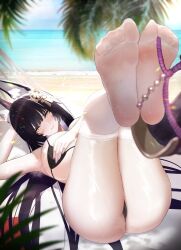 1girls animal_ears armpits ass azur_lane bare_shoulders beach between_toes big_toes_rise bikini black_hair blush blushed_soles blushing_at_viewer bra breast_hold breasts cameltoe commission feet feet_up feet_visible_through_clothing female female_only flexible_toes foot_fetish foot_focus fox_ears fox_girl hair hair_between_eyes hair_ornament huge_ass huge_breasts jewelry kitsune long_hair looking_at_viewer lying lying_on_back multicolored_hair musashi_(azur_lane) nylon nylon_feet panties pose posing presenting_foot purple_nails skindentation smile smiling smiling_at_viewer soles solo solo_female solo_focus stockings sweat sweatdrop swimsuit thick_thighs thighhighs thighs thong toe_ring toes two_tone_hair underwear ursica yellow_eyes