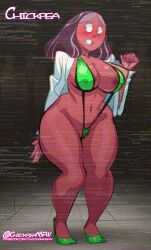 1girls 2022 areolae big_breasts bikini blush breasts cartoon_network chickpea clipboard colored crowd dark-skinned_female dark_skin embarrassed exhibitionism female green_bikini heels jacket milf nipples_visible_through_clothing priyanka_maheswaran recording steven_universe string_bikini sweat thick_thighs