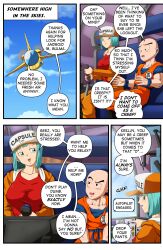 1boy 1girls 2021 blue_eyes blue_hair bulma_briefs bulma_briefs_(cell_saga) colored comic comic_page dialogue dragon_ball dragon_ball_z english_text female hi_res krillin kuririn male popblackcherry short_hair speech_bubble straight text