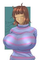 1girls 2021 2d big_breasts brown_hair closed_eyes clothed clothed_female color colored erect_nipples erect_nipples_under_clothes female female_only frisk hands_behind_back human human_female human_only sivanot smile smiling smiling_at_viewer solo undertale undertale_(series)