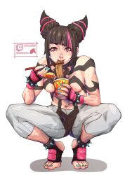 1girls anklet bracelet bracelets breasts capcom chuckuddin chuckuddin crouched crouching crouching_female eating_food female female_only gloves goth goth_girl instant_ramen juri_han noodles on_toes painted_nails painted_toenails pink_eyes ramen solo spiked_anklet spiked_bracelet spiked_collar spiked_gloves spiked_leg_bracelet street_fighter street_fighter_6 toes