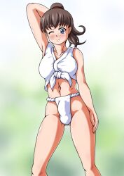 1futa 2020 blush breasts brown_hair bulge clothed clothing erection erection_under_clothes fundoshi futa_only futanari human light-skinned_futanari light_skin loincloth medium_hair partially_clothed penis ponytail solo standing tomora yamakasa