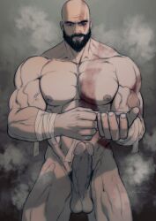 1boy abs arm_tattoo artist_name bald bald_man bandaged_arm bandages bara beard biceps black_hair brown_eyes chest_tattoo erection facial_hair feet_out_of_frame god_of_war highres huge_cock hydaria kratos large_pectorals looking_at_viewer male_focus male_only manly mature_male muscular muscular_male navel nipples nude pectorals penis pubic_hair signature simple_background smile smoke solo tattoo teeth testicles thick_arms thick_eyebrows thick_thighs thighs