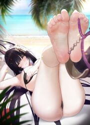 1girls animal_ears armpits ass azur_lane bare_shoulders barefoot beach big_toes_rise bikini black_hair blush blushed_soles blushing_at_viewer bra breast_hold breasts cameltoe commission feet feet_up female female_only flexible_toes foot_fetish foot_focus fox_ears fox_girl hair hair_between_eyes hair_ornament huge_ass huge_breasts jewelry kitsune long_hair long_toes looking_at_viewer lying lying_on_back multicolored_hair musashi_(azur_lane) panties pose posing presenting_foot purple_nails skindentation smile smiling smiling_at_viewer soles solo solo_female solo_focus sweat sweatdrop swimsuit thick_thighs thighs thong toe_ring toenail_polish toes two_tone_hair underwear ursica yellow_eyes