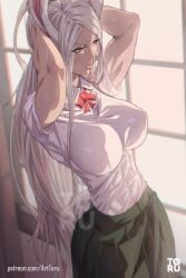 1girls arttoru bulge_through_clothing bulging_breasts bunny_ears erect_nipples grey_hair long_hair miruko my_hero_academia nipple_bulge nipple_visible_through_clothes rumi_usagiyama school_uniform shounen_jump solo solo_female tagme voluptuous white_hair