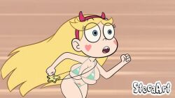 bikini blonde_hair cleavage edit headband heart_cheeks pubic_hair_peek running screenshot_edit small_bikini star_butterfly star_vs_the_forces_of_evil steca thelazyart