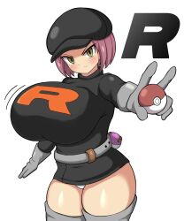 1girls belt black_dress black_hat black_headwear black_microdress black_minidress blush blushing_at_viewer bob_cut bouncing_breasts breasts brown_eyes brown_eyes_female creatures_(company) curvaceous dress enormous_breasts feet_out_of_frame female_only fully_clothed game_freak gloves grey_gloves grey_legwear grey_thighhighs highres holding_poke_ball huge_breasts impossible_clothes jaga334 legwear looking_at_viewer massive_breasts microdress minidress motion_lines nintendo out_of_frame panties pantyshot pantyshot_(standing) pink_hair pink_hair_female plain_background poke_ball pokemon simple_background single_letter solo solo_female standing team_rocket team_rocket_grunt team_rocket_grunt_(female) team_rocket_uniform thick_thighs thighhighs tight_clothing tight_dress tight_microdress tight_minidress top_heavy_breasts underwear v-shaped_eyebrows voluptuous voluptuous_female white_background white_panties white_underwear wide_hips