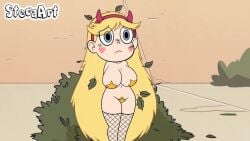 blonde_hair blue_eyes bush edit fishnet_legwear headband heart_cheeks leaves_in_hair long_hair naked_stockings outside pasties pubic_hair_peek screenshot_edit star_butterfly star_vs_the_forces_of_evil steca thelazyart