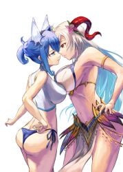 2girls absurdres after_kiss alternate_costume animal_ears armband armlet ass ass_cleavage assertive_female asymmetrical_docking bangs bare_shoulders big_ass bikini blue_bikini blue_eyes blue_hair blue_swimsuit breast_press breasts butt_crack cleavage cleavage_cutout clothing_cutout colored_inner_hair commission curled_horns eye_contact female female_only fire_emblem fire_emblem_heroes flower flower_necklace food freyja_(fire_emblem) freyja_(summer)_(fire_emblem) goat_horns grey_hair hair_ornament hand_on_hip highres horns ice ice_cream ice_horns juunishi_aya large_breasts long_hair looking_at_another medium_breasts midriff multicolored_hair multiple_girls navel nifl_(fire_emblem) nifl_(summer)_(fire_emblem) nintendo non-web_source official_alternate_costume official_alternate_hairstyle open_mouth pelvic_curtain ponytail red_eyes red_horns short_hair side-tie_bikini size_difference stare_down swimsuit thighs thorns transparent_background two-tone_bikini two-tone_swimsuit white_bikini white_hair white_swimsuit