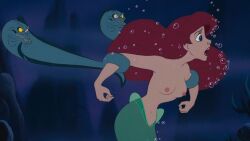 accurate_art_style ariel arms_held_back blue_eyes champelli disney disney_princess eel exposed_breasts half-dressed mermaid nipples princess princess_ariel red_hair restraints scared_expression screenshot screenshot_edit teenager the_little_mermaid tied_up underwater