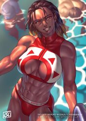 1girls abs boob_window breasts cleavage dark-skinned_female hi_res mentari_(phoebus_art) muscular_female original phoebus_art pool red_eyes revealing_clothes watermark