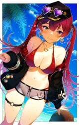 anchor_symbol bangs bare_shoulders baseball_cap beach bikini bikini_under_clothes black_headwear black_jacket blunt_bangs breasts coconut commentary day dolphin_shorts earrings eyewear_on_head feet_out_of_frame female hat heart heart-shaped_eyewear heart_earrings heart_necklace heterochromia highres hololive hololive_fantasy hololive_japan houshou_marine jacket jewelry long_hair looking_at_viewer navel necklace ocean off_shoulder outdoors palm_tree plain_222 red_bikini red_eyes red_hair short_shorts shorts sky smile solo sparkle standing swimsuit thigh_strap tree twintails virtual_youtuber water yellow_eyes