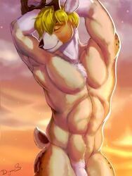 2022 3:4 anthro blonde_hair cervid dimonis genitals hair hi_res horn male mammal muscular muscular_anthro muscular_male nude penis simple_background smile solo sun