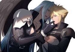 blonde_hair blue_eyes clothes_lift cloud_strife color eilinna femboy final_fantasy final_fantasy_vii girly gloves green_eyes hand_in_mouth height_difference light-skinned_femboy light-skinned_male light_skin long_hair male male/male male_only muscular muscular_male sephiroth square_enix trap twink white_background white_hair wings yaoi