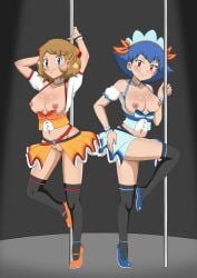 2girls alternate_costume contest_dress exposed_breasts exposed_pussy female female_only garther_belt ghta miette_(pokemon) official_alternate_costume pokemon pokemon_(anime) pokemon_xy pole serena_(pokemon) showcase_outfit stockings stripper stripper_pole stripping