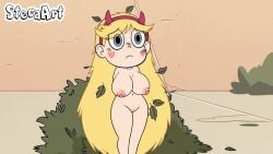 alternate_version_available blonde_hair blue_eyes bush edit erect_nipples hands_behind_back headband heart_cheeks huge_breasts leaves_in_hair long_hair nipples nude nude_female outside pussy screenshot_edit star_butterfly star_vs_the_forces_of_evil steca thelazyart