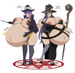 2girls belly big_belly big_breasts breasts clothing female female_only huge_belly huge_breasts light-skinned_female light_skin long_hair magic magical_girl original original_character partially_clothed pregnant purple_eyes purple_hair rapid_pregnancy smile spontaneous_pregnancy staff standing tagme thick_thighs thighs witch witch_hat zeruxu