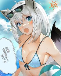 ahoge animal_ear_fluff animal_ears ball bangs beachball bikini blue_bikini blush braid breasts cleavage cloud cloudy_sky commentary day earrings eyewear_on_head female fox_ears fox_girl fox_tail green_eyes hair_between_eyes highres hololive hololive_gamers hololive_gen_1 hololive_japan jewelry long_hair looking_at_viewer medium_breasts ocean open_mouth outdoors plain_222 shirakami_fubuki sidelocks single_braid skin_fang sky solo sparkle speech_bubble sunglasses swimsuit tail translated virtual_youtuber wet white_hair