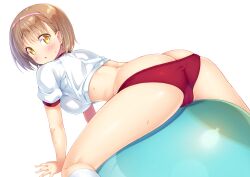 ass ass_cleavage ball bangs blush breasts brown_hair buruma butt_crack commentary_request crop_top exercise_ball female gym_uniform hairband highres kazuma_(kazumav) kneehighs large_breasts looking_at_viewer looking_back open_mouth original parted_lips red_buruma shirt short_hair short_sleeves simple_background socks solo t-shirt thighs white_background white_shirt white_socks yellow_eyes