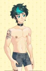 1boy abs blush_blush boxers choker emo game_cg gay goth goth_boy male male_with_painted_nails muscles nail_polish nipple_piercing poe_(blush_blush) sad_panda_studios slim solo tattoo topless topless_male underwear yaoi