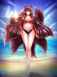 akagi_(azur_lane) azur_lane beach big_belly big_breasts cleavage fox_girl kemonomimi kgfantasy kitsune ocean pregnancy pregnant pregnant_female ready_to_pop sand