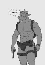 1boy 2018 2d abs anthro anthro_only bara black_and_white bovid bovid_humanoid briefs buff bulge bull furry furry_only gun horn horns male male_only muscle muscles muscular muscular_male original_character pecs police simple_background six_pack solo solo_focus solo_male standing straps text text_bubble tofulicious underwear