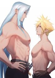 blonde_hair blonde_hair_bottom blue_eyes cloud_strife color comparing domination earrings eilinna final_fantasy final_fantasy_vii gay green_eyes height_difference light_hair_on_dark_hair long_hair looking_at_another male_only muscular muscular_male sephiroth size_difference spiky_hair square_enix topless white_hair white_hair_on_blonde_hair white_hair_top