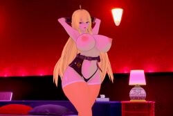 1girls alternate_breast_size anaros belt bimbo bimbofication bimbofied black_underwear blonde_hair female hands_behind_head horny horny_female huge_ass huge_breasts long_hair looking_at_viewer makeup micro_panties pink_eyes rwby solo thick_thighs tongue_out topless yang_xiao_long yellow_lipstick