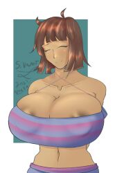 1girls 2021 2d big_breasts brown_hair cleavage closed_eyes clothed erect_nipples erect_nipples_under_clothes female female_only frisk human human_female human_only short_hair sivanot smile smiling smiling_at_viewer solo undertale undertale_(series)