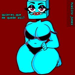 black_bra black_panties cyan_body female geometry_dash hielera_(hielerajones) hielera_jones red_eyes red_lipstick spanish_text tagme