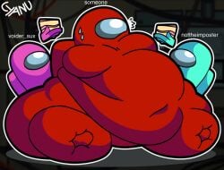 among_us big_belly cake crewmate_(among_us) cyan_(among_us) cyanu fat holding_food huge_belly hyper_fat innersloth moobs obese overweight overweight_male pink_(among_us) red_(among_us) tagme too_big_to_move