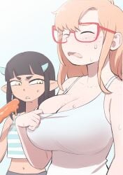 2girls black_hair blonde_hair blunt_bangs breast_envy breasts_bigger_than_head cleavage colo demon demon_girl demon_horns female female_only freckles funny girl_staring_at_guy's_chest glasses heat heat_(temperature) huge_breasts ice_cream large_breasts looking_at_breasts meme multiple_girls myphia_(colo) pointy_ears rita_(colo) small_breasts sweat sweet_hex tank_top yellow_eyes