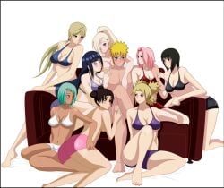 1boy 6+girls 8girls age_difference ass barefoot bike_shorts bikini black_hair blonde_hair blue_hair bra breasts brown_hair busty cleavage couch cuddling feet fuu_(naruto) group hair_bun harem hyuuga_hinata ino_yamanaka kneeling looking_at_another looking_at_partner multiple_girls naruto naruto_(series) naruto_shippuden nii_yugito on_counter panties partially_clothed pink_hair ponytail quad_tails round_ass sakura_haruno shizune sitting standing teacher_and_student temari tenten tied_hair topless twin_buns underwear uzumaki_naruto x-ray99