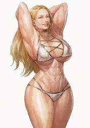 armpits blonde_hair blue_eyes cirenk cleavage curvaceous hoop_earrings kolin large_breasts long_hair smiling_at_viewer street_fighter street_fighter_v swimsuit voluptuous white_background wide_hips