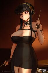 1girls artist_name assassin bare_shoulders big_breasts black_clothing black_dress black_hair blush breasts dress female female_only hair_ornament headband headwear long_hair looking_at_viewer neckwear nextoad patreon_username red_eyes red_hair solo solo_female spy_x_family stiletto_(weapon) thorn_princess weapon yor_briar yor_forger