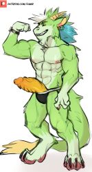 absurd_res anthro big_penis black_bottomwear black_clothing blue_hair bottomwear clock clothed clothing dragon famir_(artist) famir_(character) full-length_portrait fur furred_dragon genitals glans gradient_penis green_body green_fur green_hair grin hair hi_res ineffective_clothing looking_at_viewer male multicolored_hair muscular muscular_anthro muscular_male narrowed_eyes nipples orange_penis patreon patreon_logo penis pink_nipples poking_out portrait pose ridged_penis sharp_teeth simple_background smile solo standing teeth text topless url vein veiny_penis watch white_background white_hair wristwatch yellow_eyes yellow_penis